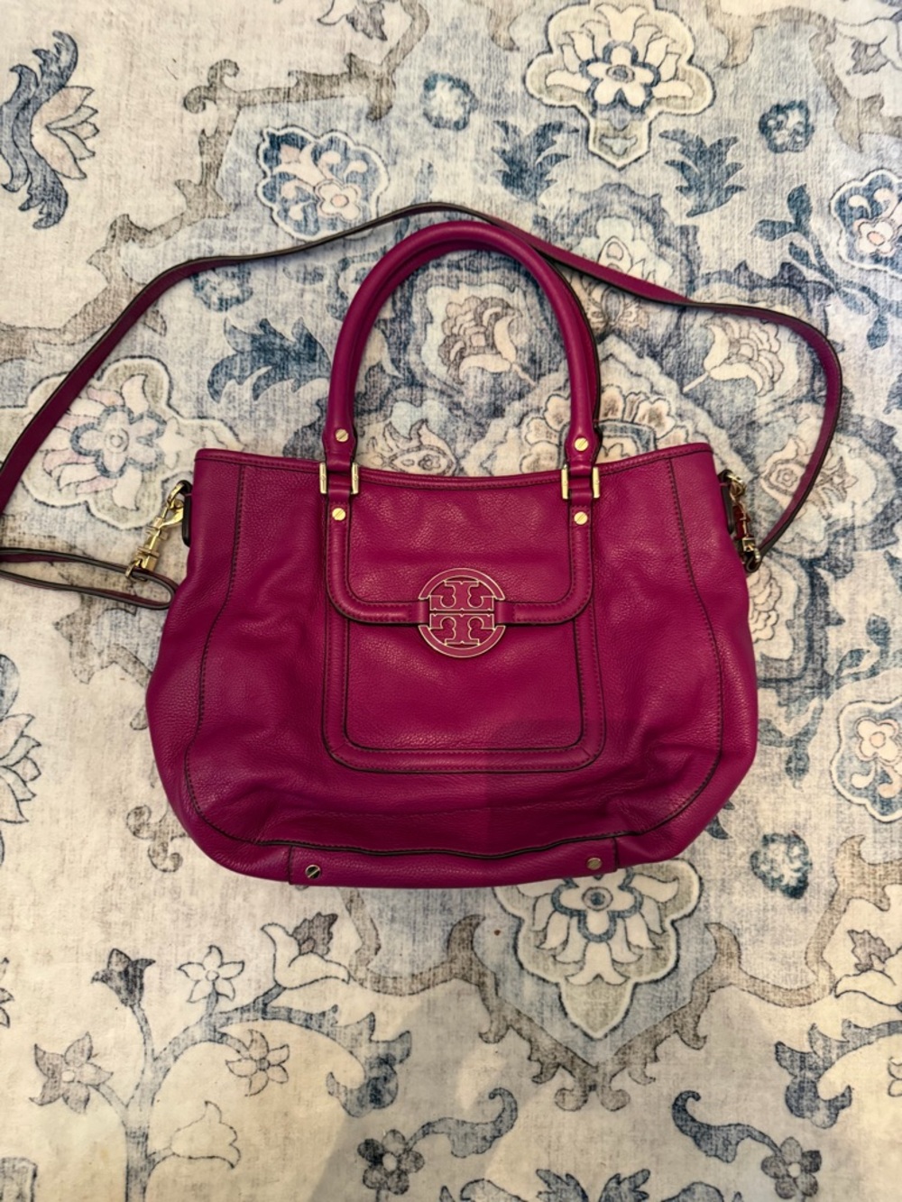 Tory Burch Amanda Magenta Leather Satchel with Gold Hardware
